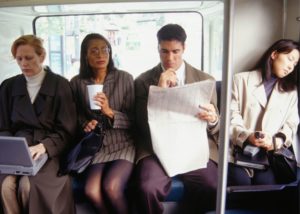 Commuters on the morning bus ride to work